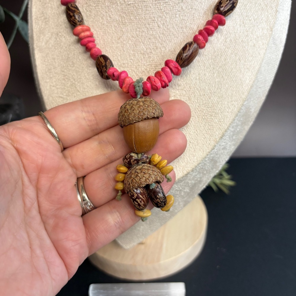 Wood Acorn Poppet Necklace Vintage Handmade | Boho Beaded | Forest Talisman | - Picture 7 of 7
